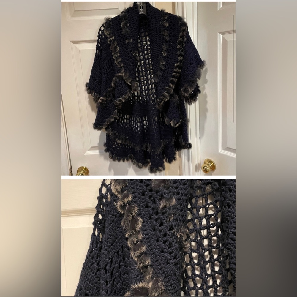 Authentic rabbit fur trim crochet short sleeve shawl. Size L/XL.